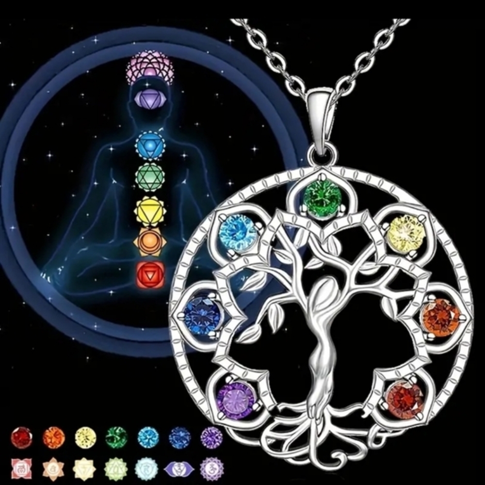 925 Sterling Silver Diamond 7 Chakra Tree of Life‎ Healing Necklace